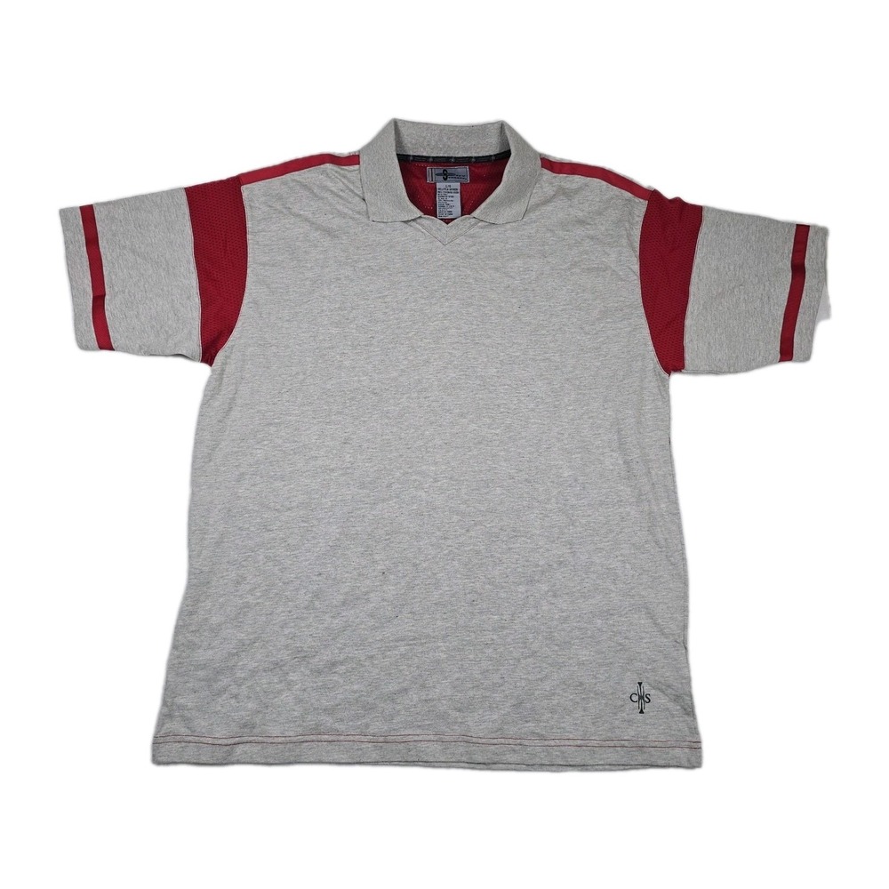 City Streets Mens Large Gray Red Colorblock Mesh Trim V-Neck Polo Shirt Y2K